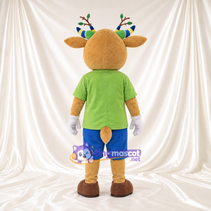 Costume de mascotte Renne – brun clair – Chemise (vert); Short (bleu) Costume de mascotte Renne – brun clair – Chemise (vert); Short (bleu)