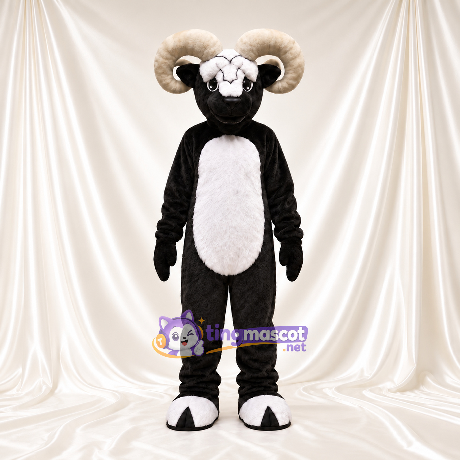 Black and White Ram Mascot Costume - White Belly and Curled Cream Horns Black and White Ram Mascot Costume - White Belly and Curled Cream Horns