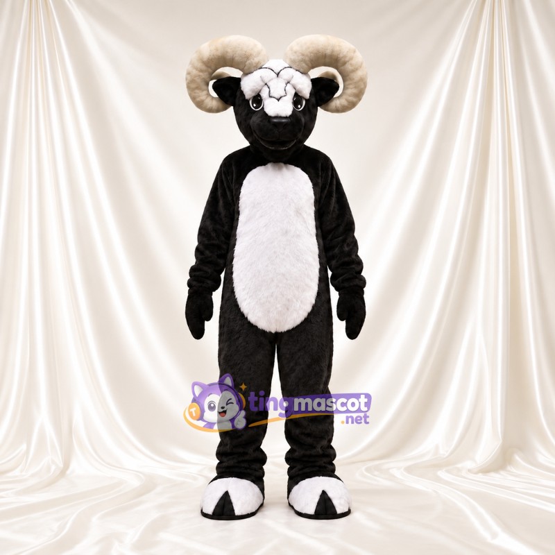Black and White Ram Mascot Costume - White Belly and Curled Cream Horns Black and White Ram Mascot Costume - White Belly and Curled Cream Horns