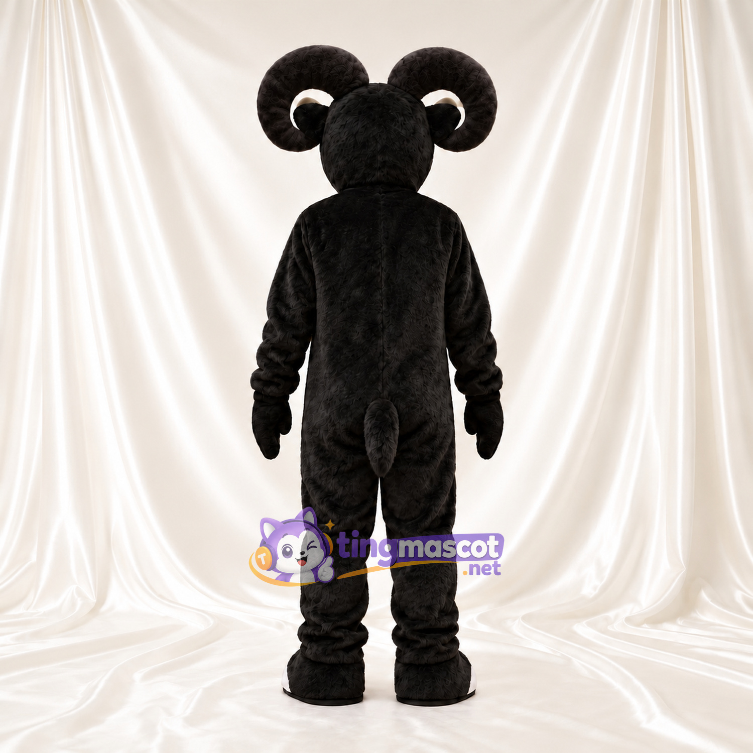 Black and White Ram Mascot Costume - White Belly and Curled Cream Horns Black and White Ram Mascot Costume - White Belly and Curled Cream Horns