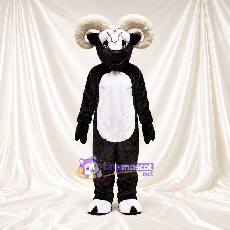 Black and White Ram Mascot Costume - White Belly and Curled Cream Horns Black and White Ram Mascot Costume - White Belly and Curled Cream Horns