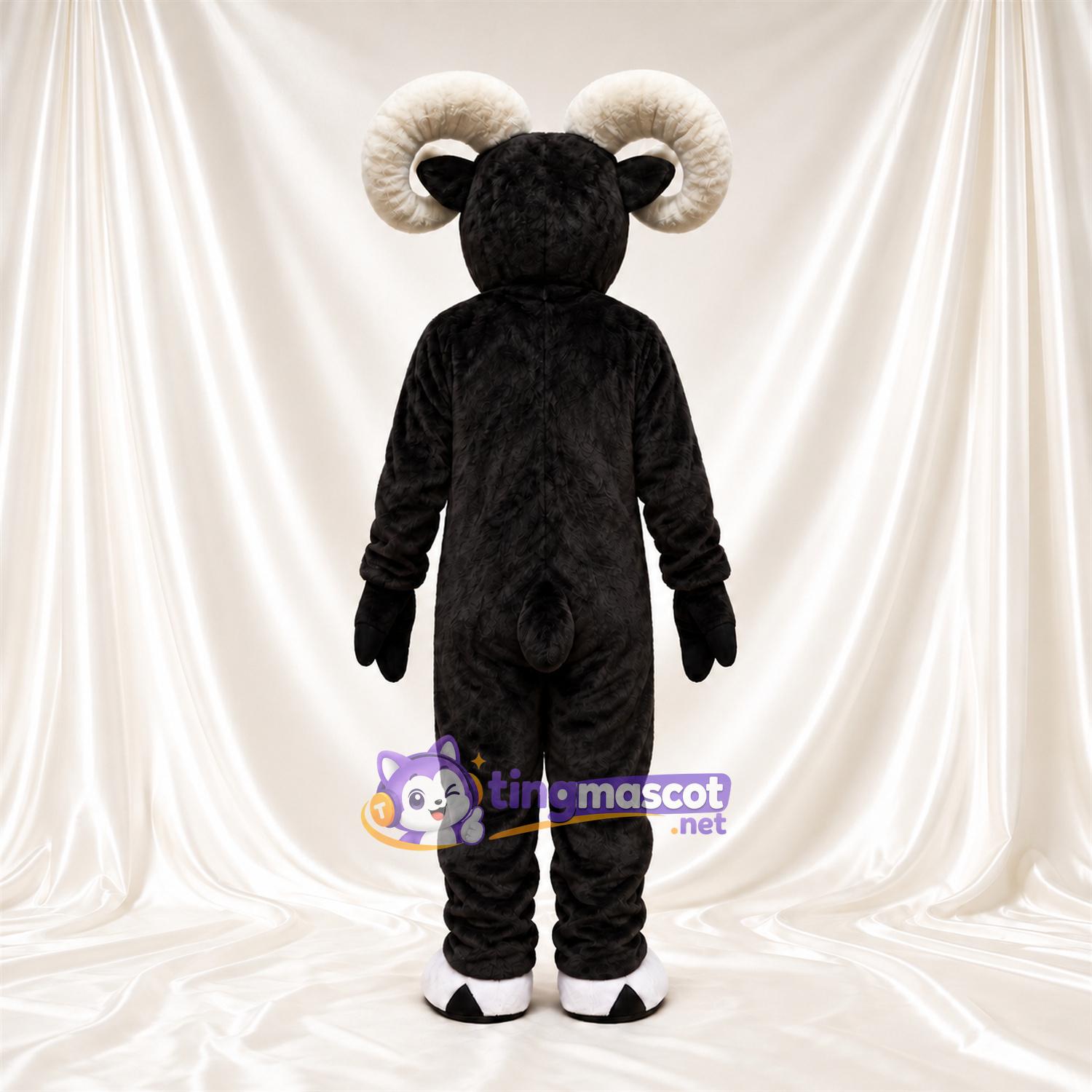 Black and White Ram Mascot Costume - White Belly and Curled Cream Horns Black and White Ram Mascot Costume - White Belly and Curled Cream Horns