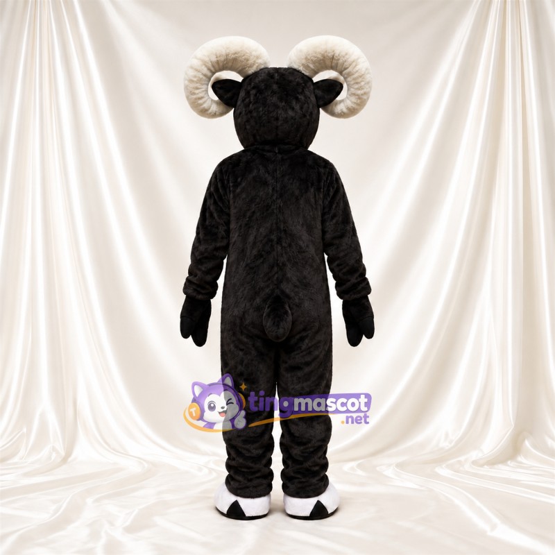 Black and White Ram Mascot Costume - White Belly and Curled Cream Horns Black and White Ram Mascot Costume - White Belly and Curled Cream Horns