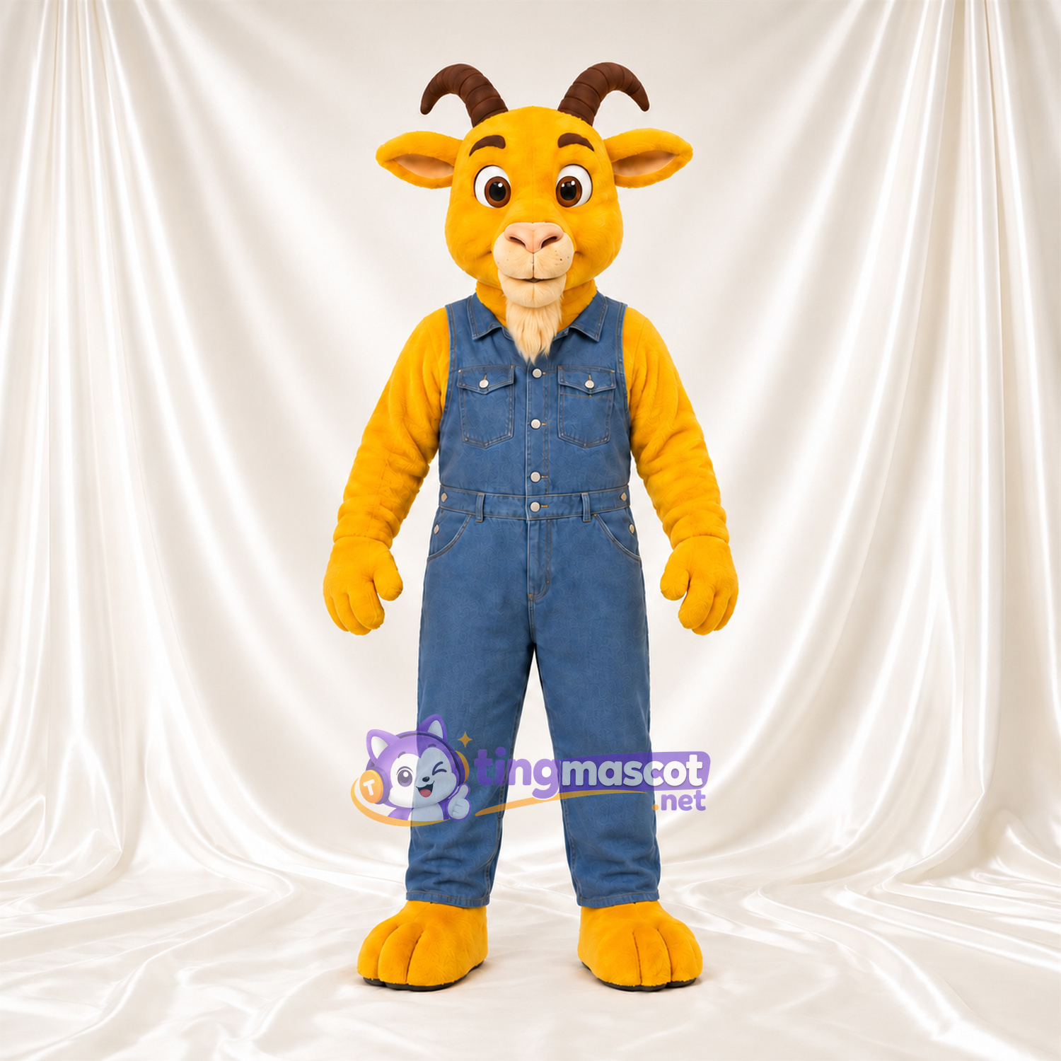 Costume de mascotte Chèvre – jaune – Salopette (bleu) Costume de mascotte Chèvre – jaune – Salopette (bleu)