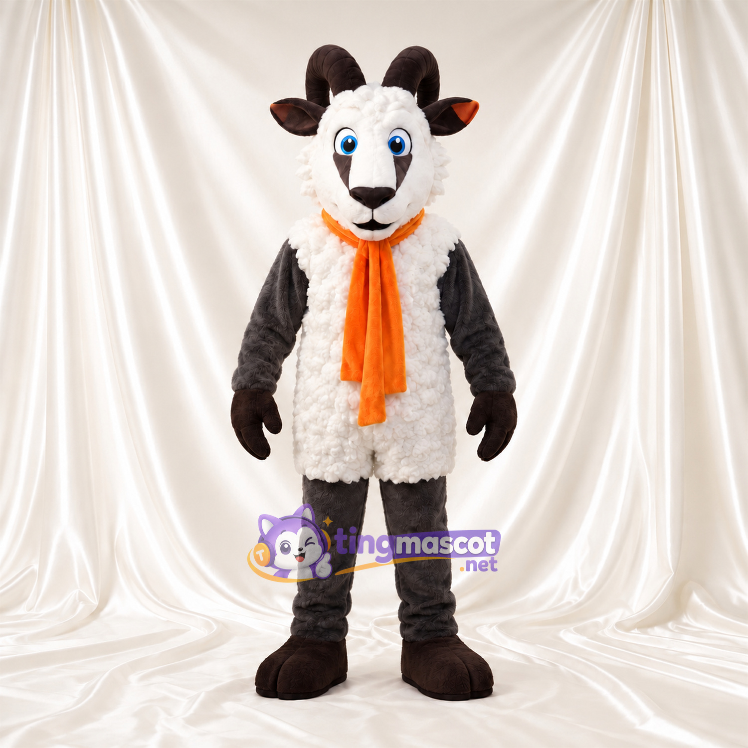 Black and White Goat Mascot Costume - Orange Scarf Black and White Goat Mascot Costume - Orange Scarf