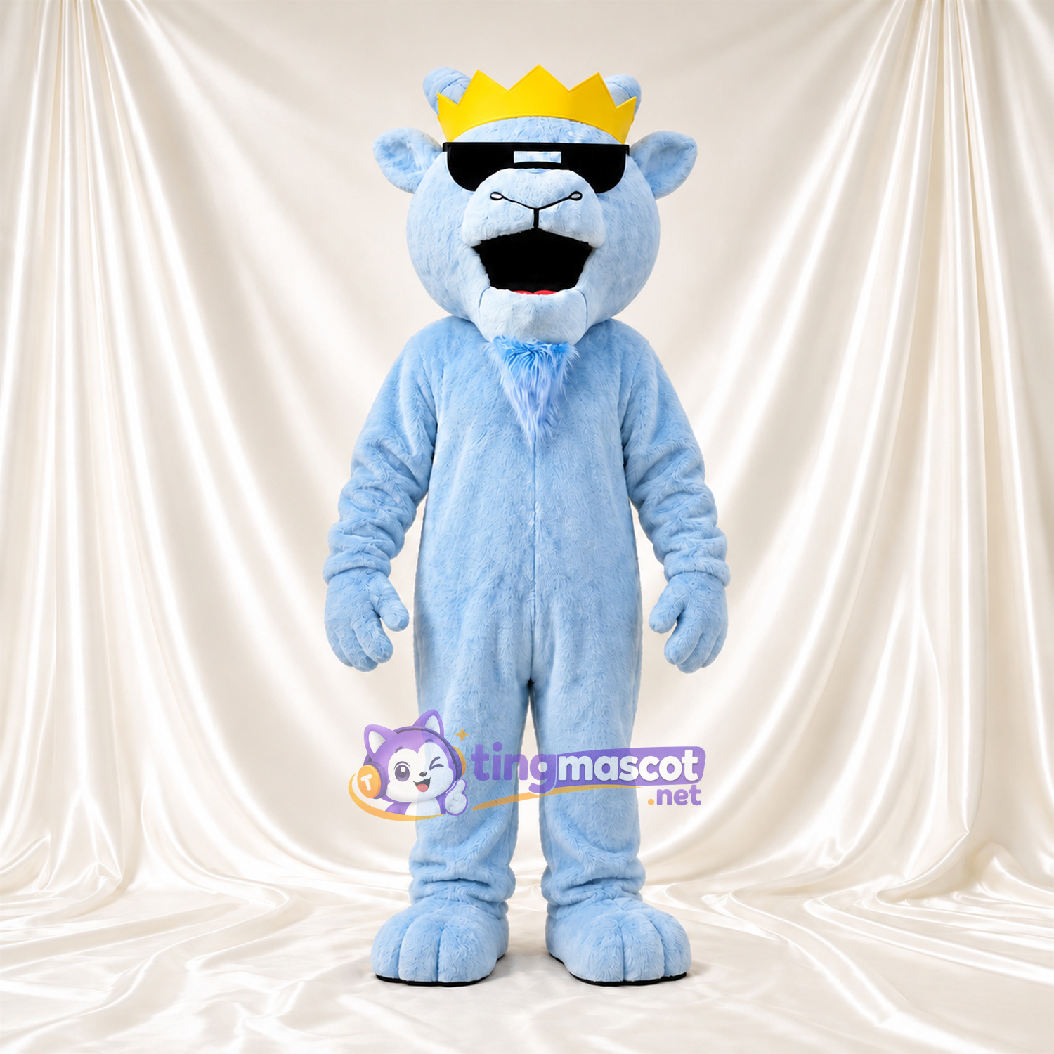 Maskottchenkostüm Bärenkönig – blau – Krone (goldfarben); Sonnenbrille Maskottchenkostüm Bärenkönig – blau – Krone (goldfarben); Sonnenbrille