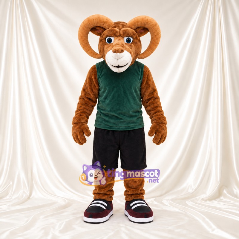 Costume de mascotte Bélier – marron – Débardeur (vert); Short (noir) Costume de mascotte Bélier – marron – Débardeur (vert); Short (noir)