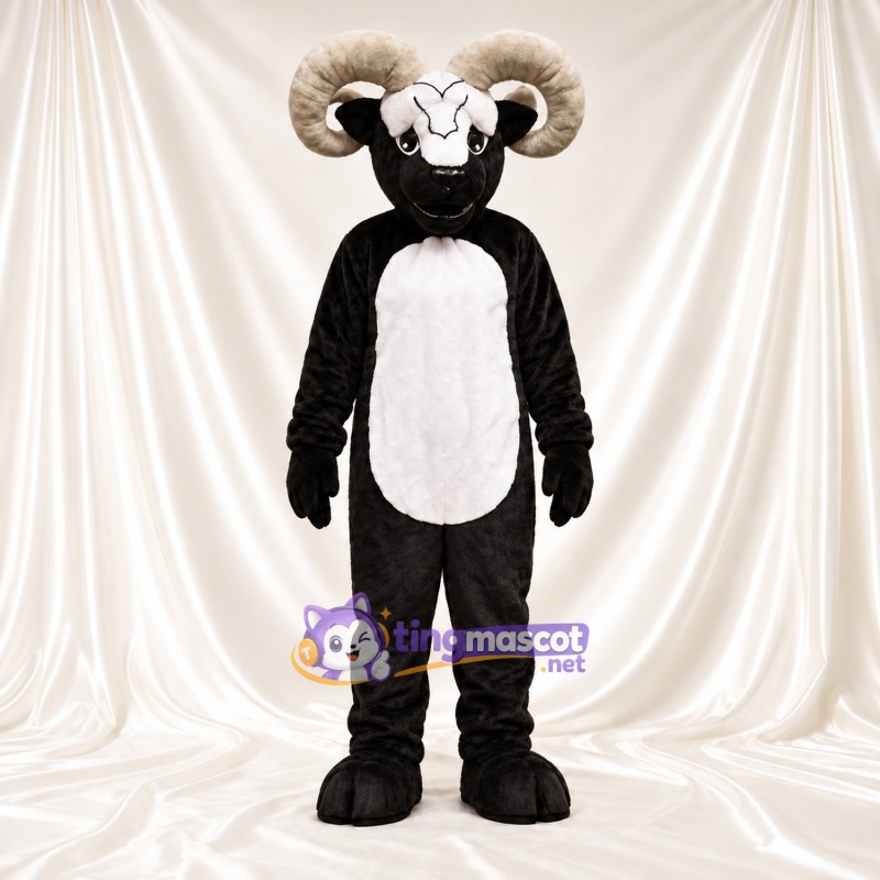 Black and White Ram Mascot Costume - White Belly and Black Hooves Black and White Ram Mascot Costume - White Belly and Black Hooves