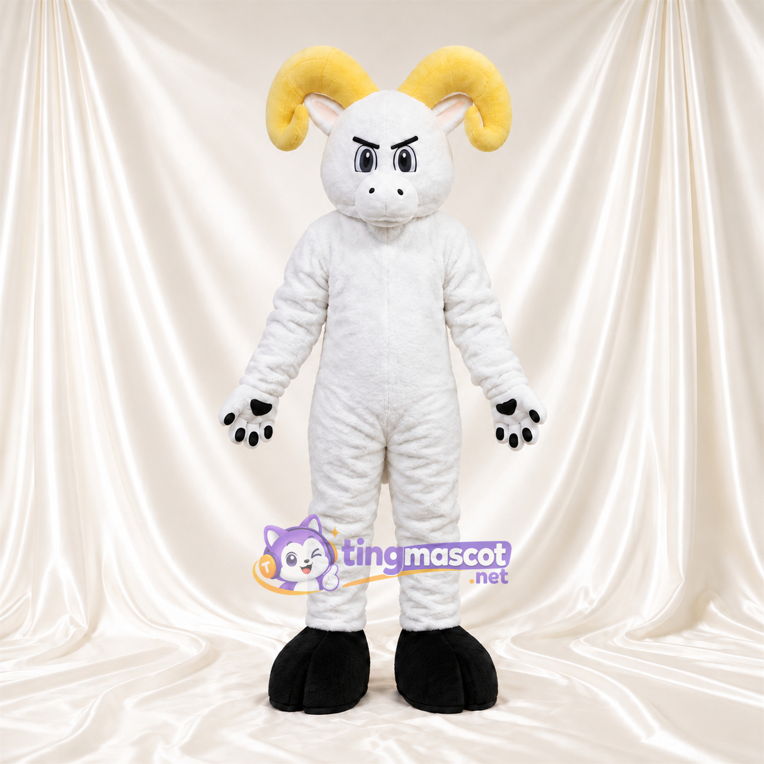 Costume de mascotte Bélier – blanc – Cornes (jaune); Coussinets (noir) Costume de mascotte Bélier – blanc – Cornes (jaune); Coussinets (noir)