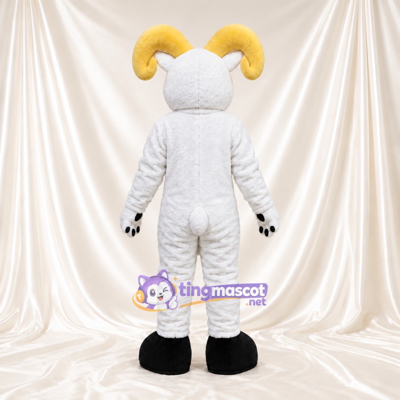 Costume de mascotte Bélier – blanc – Cornes (jaune); Coussinets (noir) Costume de mascotte Bélier – blanc – Cornes (jaune); Coussinets (noir)