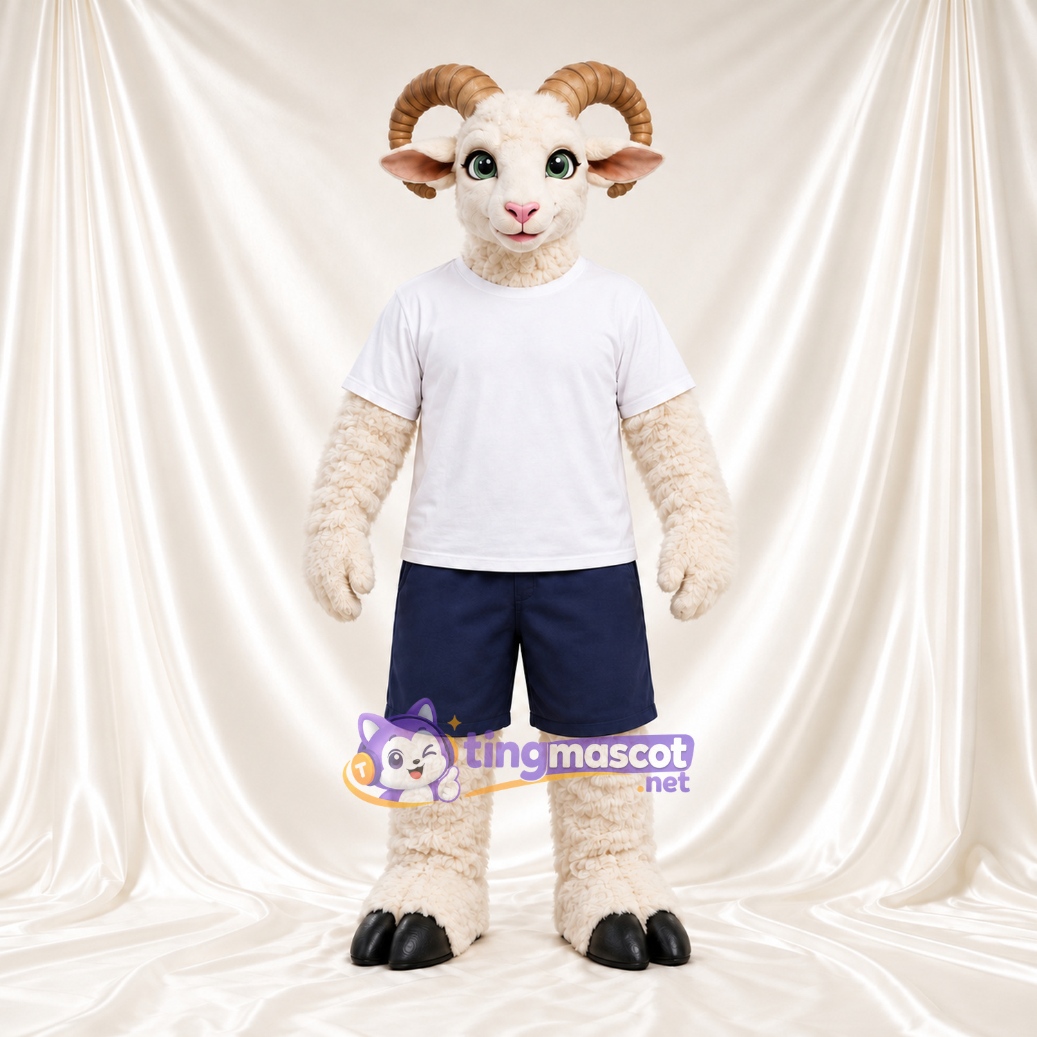 Costume de mascotte Bélier – crème – Chemise (blanc); Short (bleu marine) Costume de mascotte Bélier – crème – Chemise (blanc); Short (bleu marine)