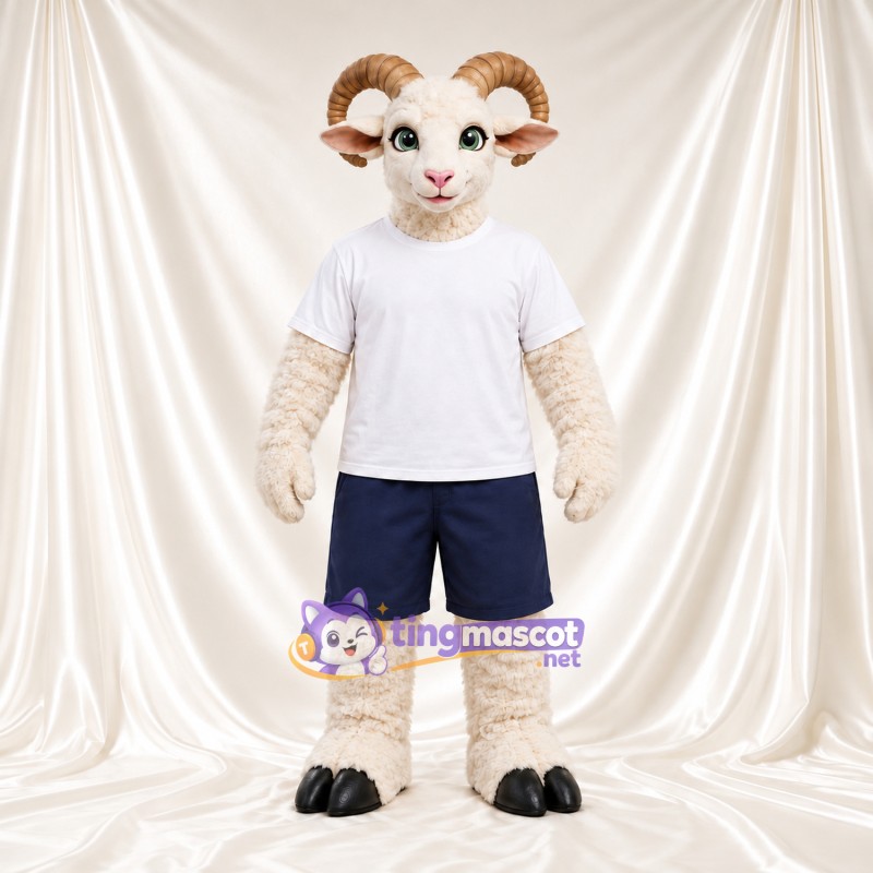 Costume de mascotte Bélier – crème – Chemise (blanc); Short (bleu marine) Costume de mascotte Bélier – crème – Chemise (blanc); Short (bleu marine)