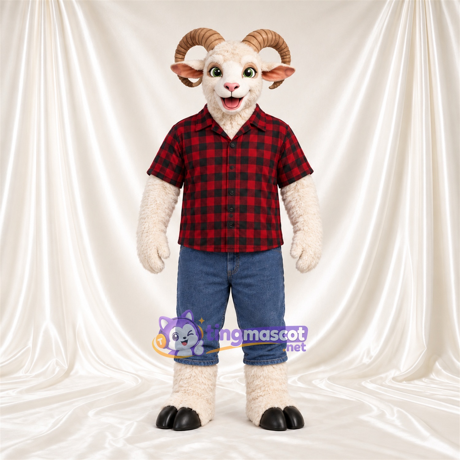 Costume de mascotte Bélier – blanc – Chemise; Pantalon (bleu) Costume de mascotte Bélier – blanc – Chemise; Pantalon (bleu)