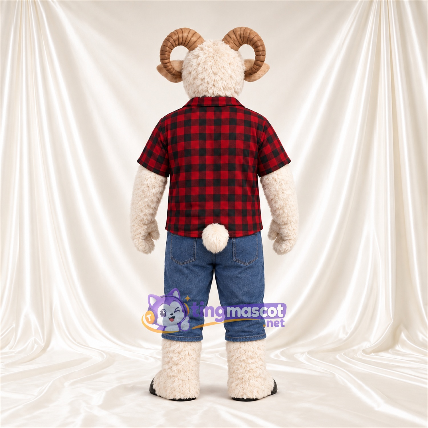Costume de mascotte Bélier – blanc – Chemise; Pantalon (bleu) Costume de mascotte Bélier – blanc – Chemise; Pantalon (bleu)