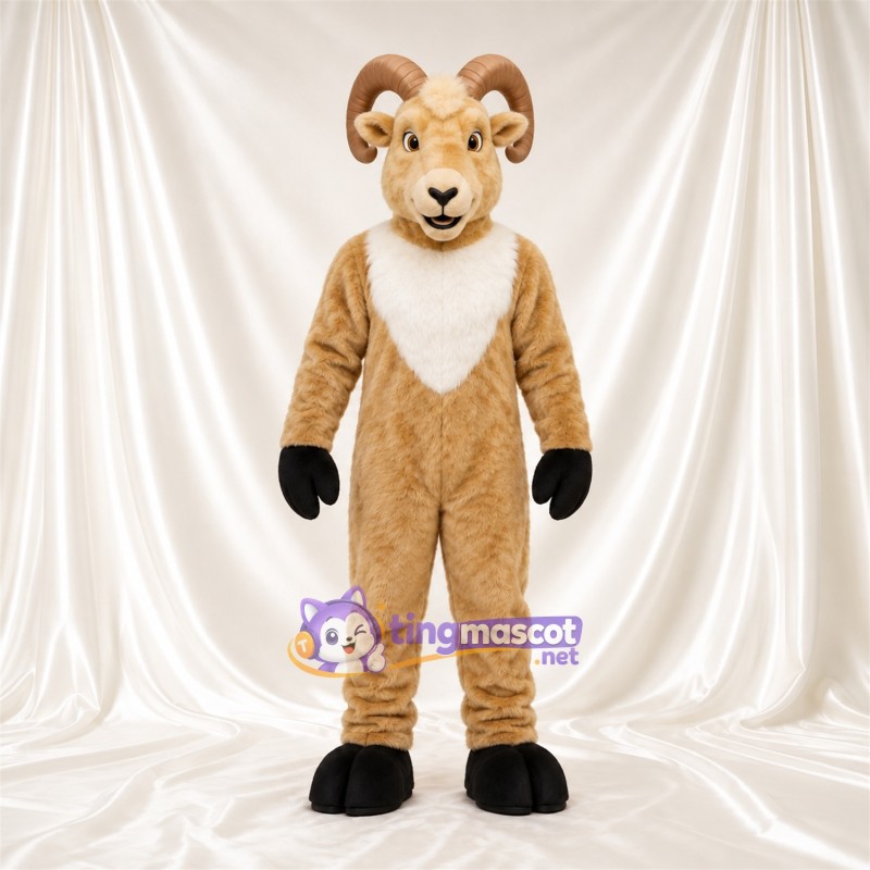 Costume de mascotte Bélier – brun clair – Torse (blanc); Cornes (brun clair) Costume de mascotte Bélier – brun clair – Torse (blanc); Cornes (brun clair)