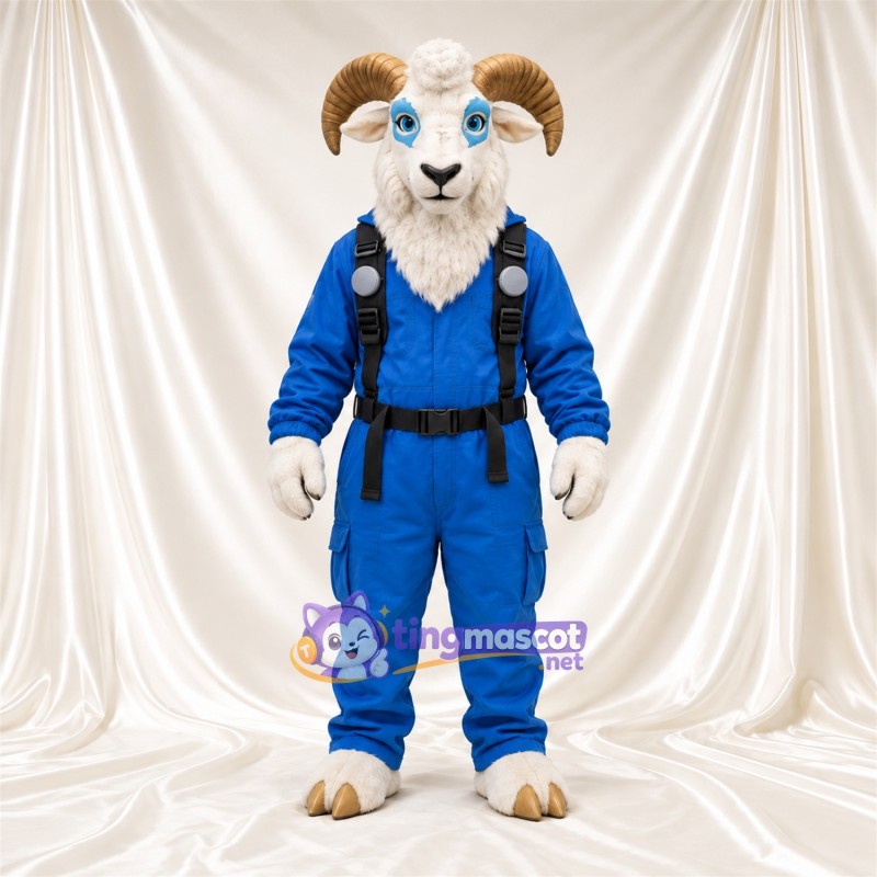 Costume de mascotte Bélier – blanc – Salopette (bleu) Costume de mascotte Bélier – blanc – Salopette (bleu)
