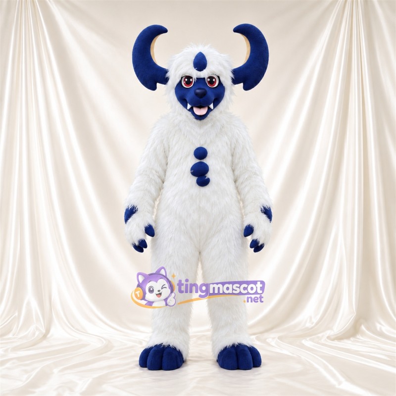 Costume de mascotte Monstre – blanc / bleu – Cornes (bleu) Costume de mascotte Monstre – blanc / bleu – Cornes (bleu)
