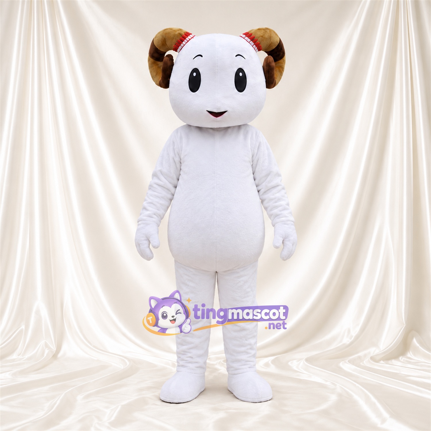 Costume de mascotte Bélier – blanc – Ventre rond; Cornes (marron) Costume de mascotte Bélier – blanc – Ventre rond; Cornes (marron)