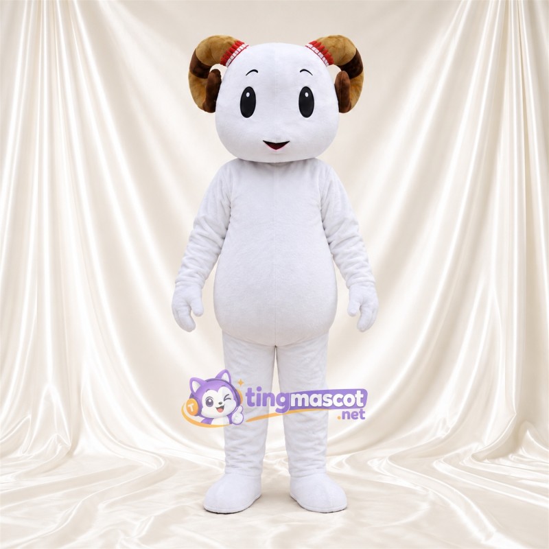 Costume de mascotte Bélier – blanc – Ventre rond; Cornes (marron) Costume de mascotte Bélier – blanc – Ventre rond; Cornes (marron)