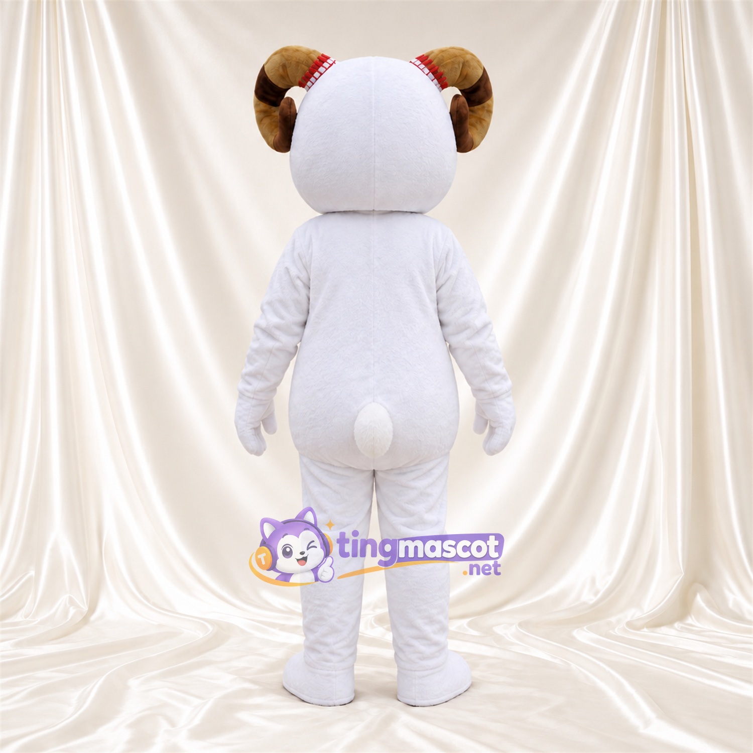 Costume de mascotte Bélier – blanc – Ventre rond; Cornes (marron) Costume de mascotte Bélier – blanc – Ventre rond; Cornes (marron)