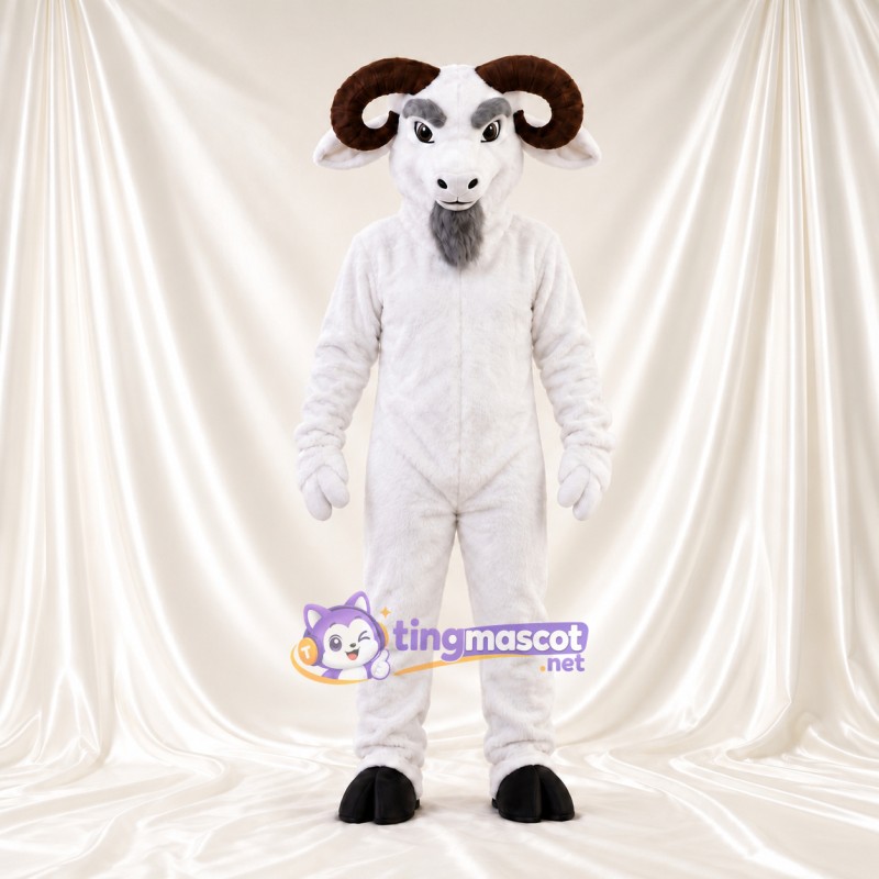 Costume de mascotte Bélier – blanc – Cornes (marron); Barbe (gris) Costume de mascotte Bélier – blanc – Cornes (marron); Barbe (gris)
