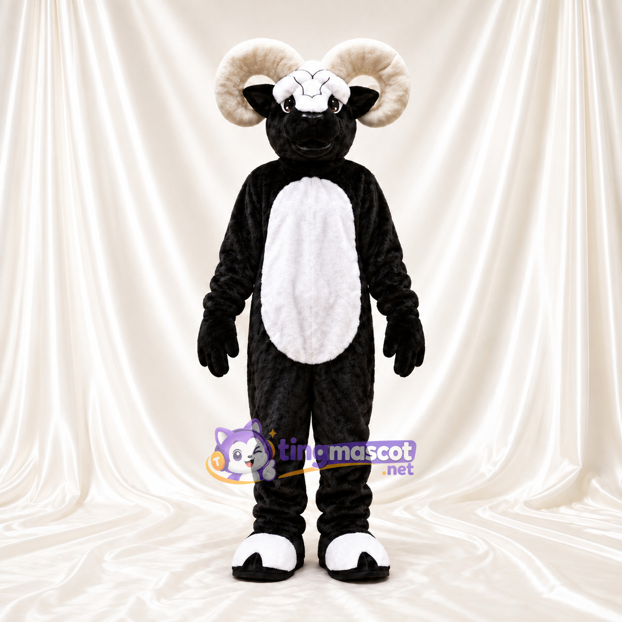 Black and White Ram Mascot Costume - White Belly and Curled White Horns Black and White Ram Mascot Costume - White Belly and Curled White Horns