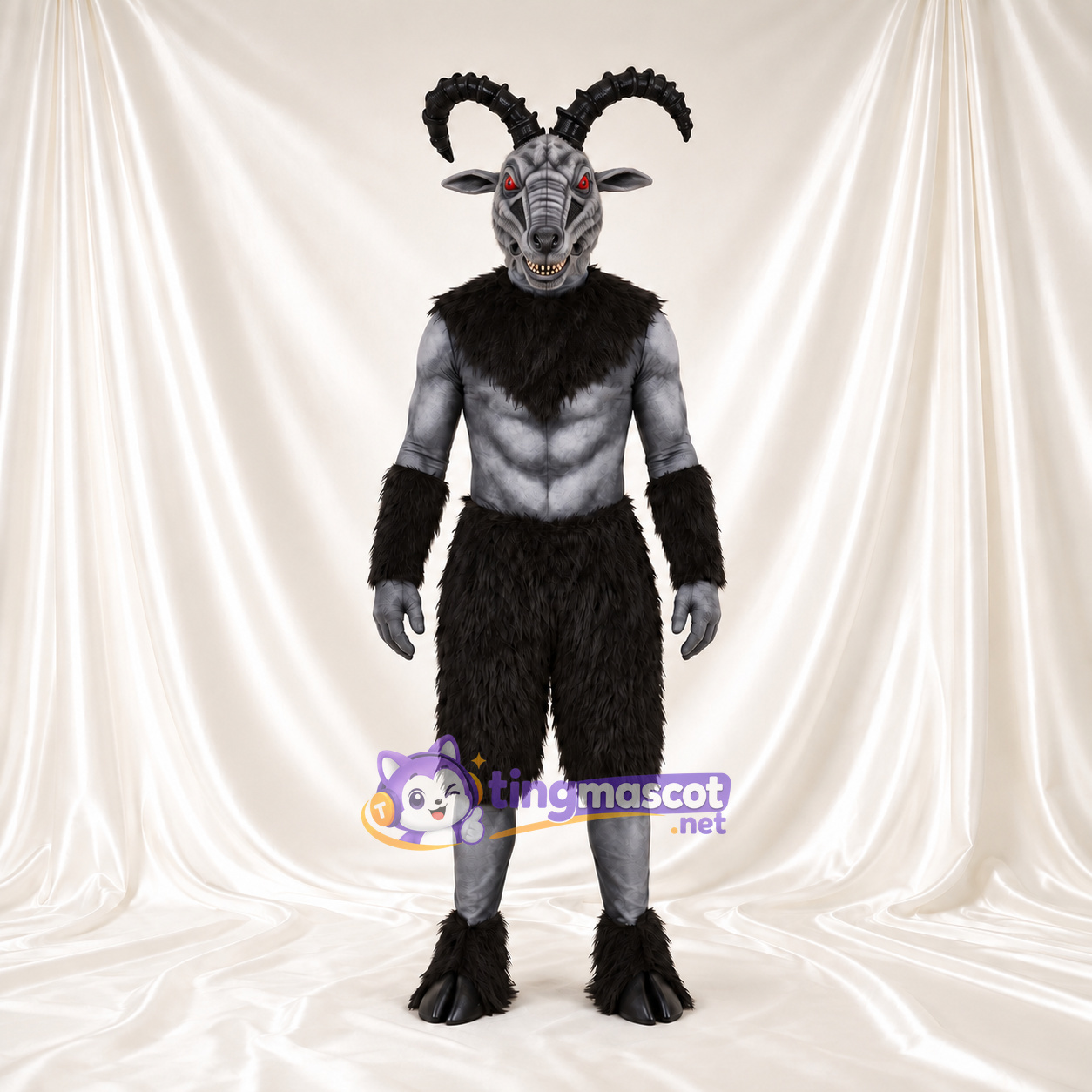 Costume de mascotte Démon chèvre – gris / noir – Cornes courbées Costume de mascotte Démon chèvre – gris / noir – Cornes courbées
