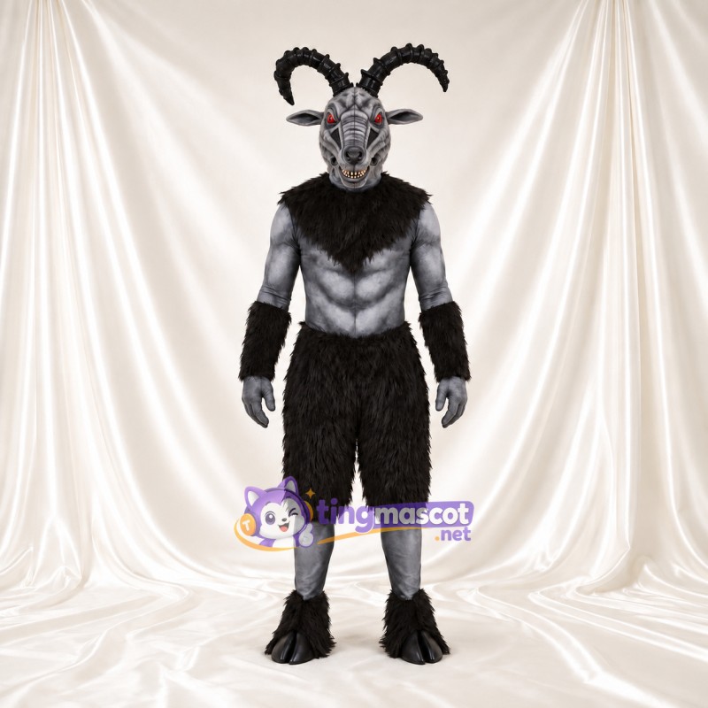 Costume de mascotte Démon chèvre – gris / noir – Cornes courbées Costume de mascotte Démon chèvre – gris / noir – Cornes courbées