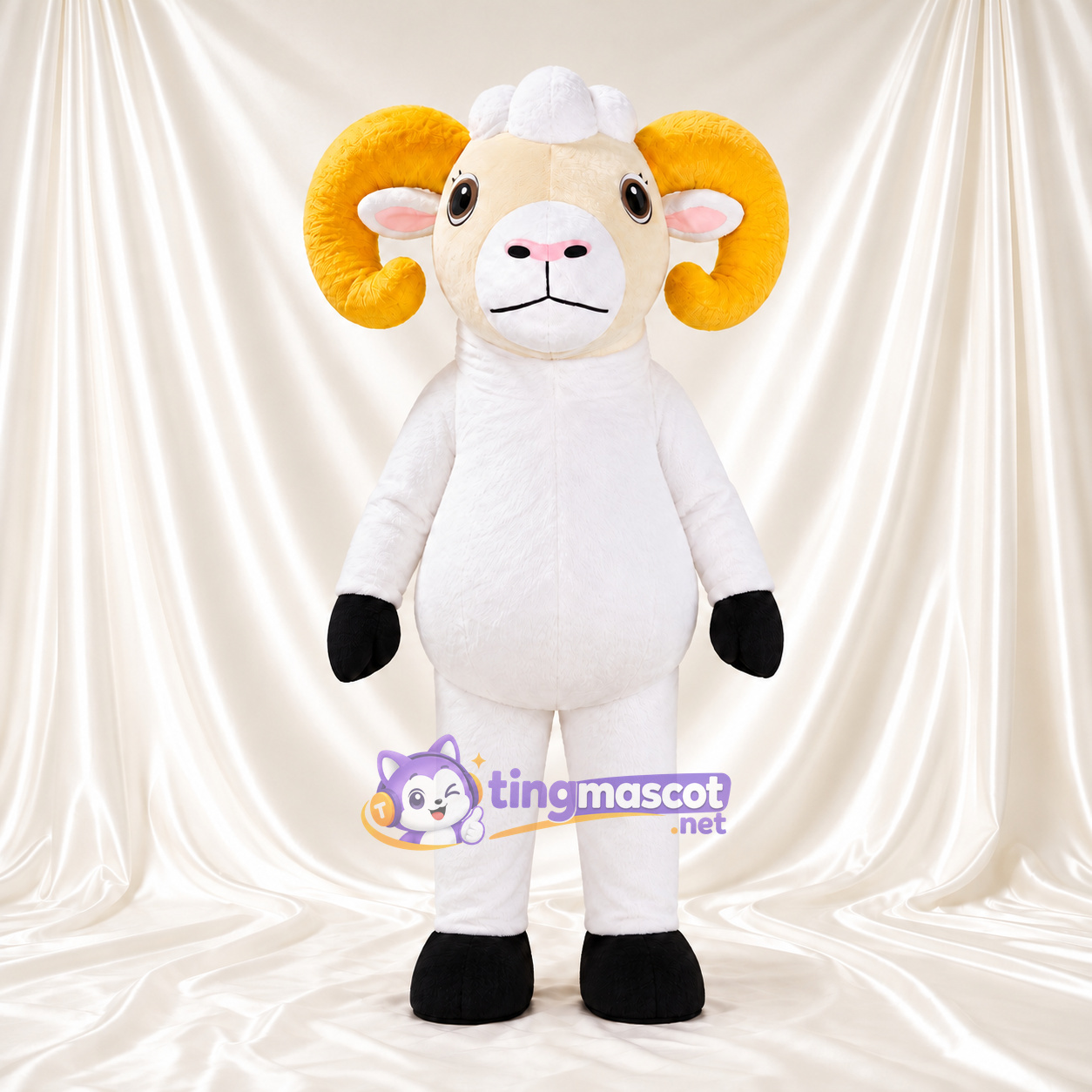 Costume de mascotte Bélier – blanc – Cornes (jaune); Ventre rond Costume de mascotte Bélier – blanc – Cornes (jaune); Ventre rond