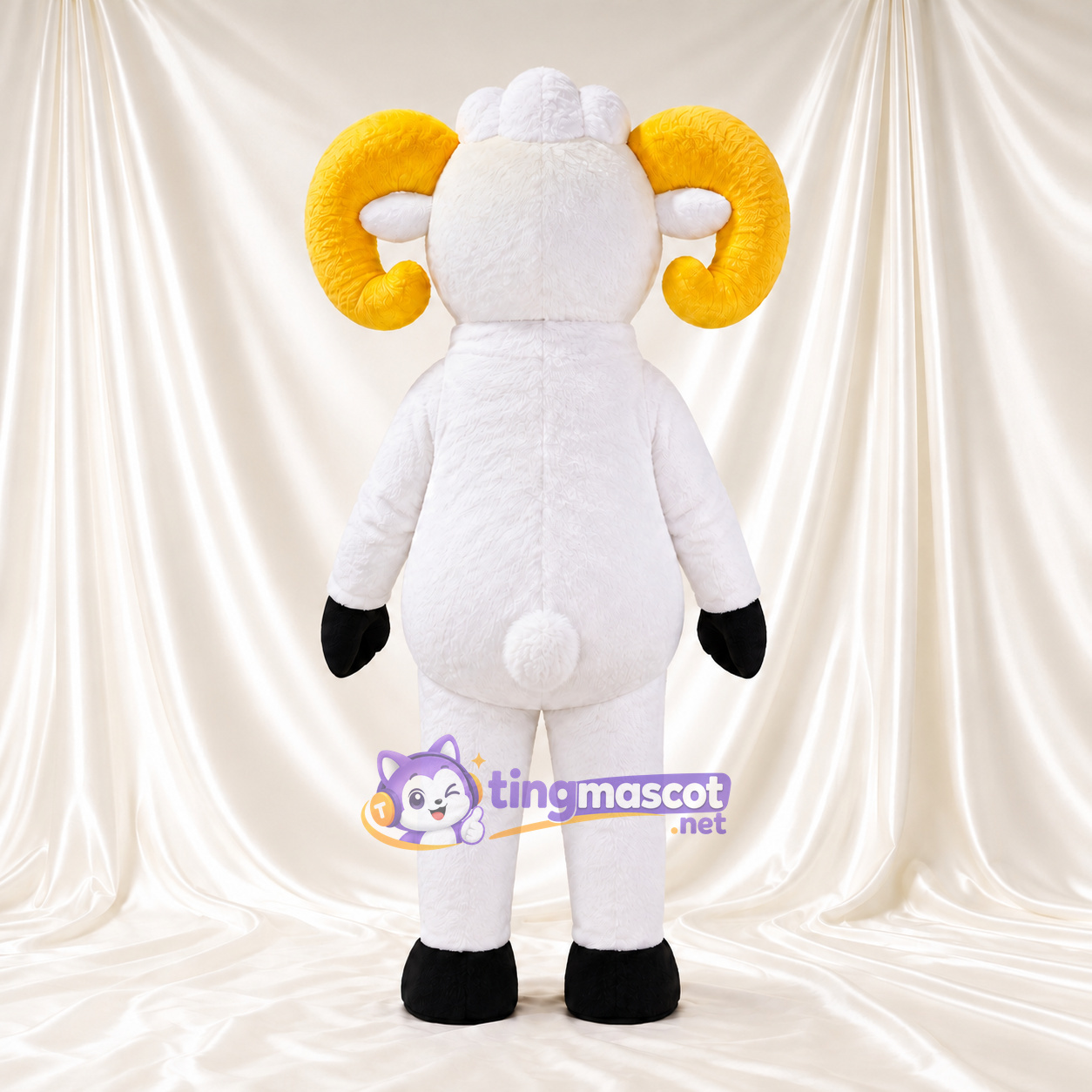 Costume de mascotte Bélier – blanc – Cornes (jaune); Ventre rond Costume de mascotte Bélier – blanc – Cornes (jaune); Ventre rond