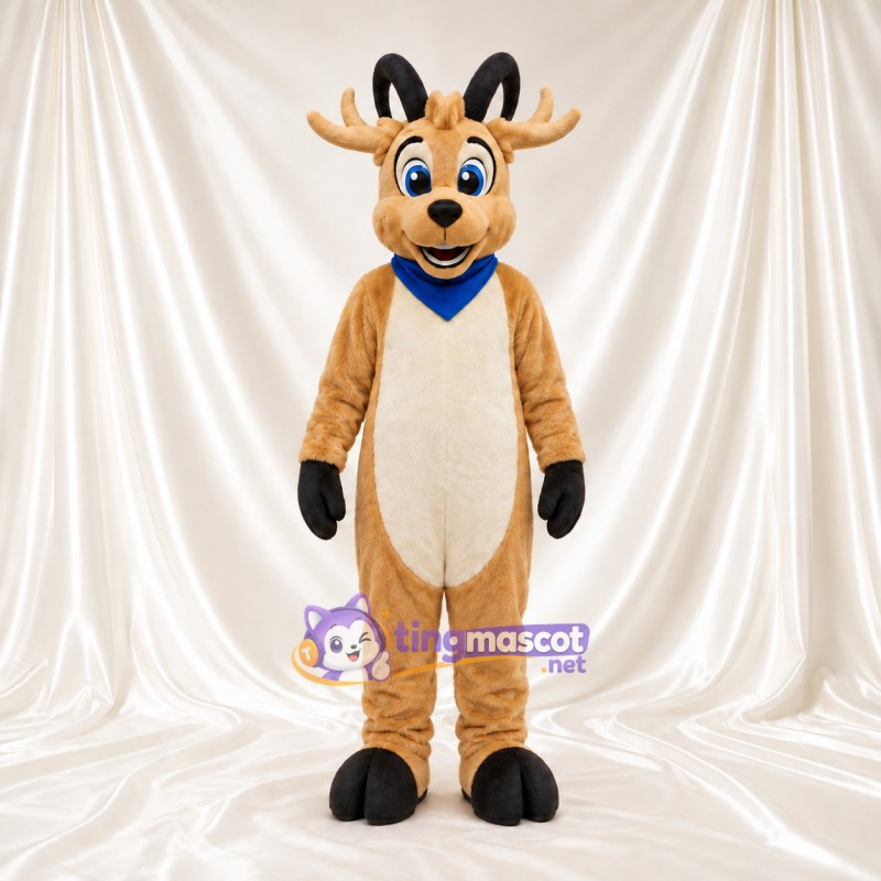 Costume de mascotte Cerf – brun clair – Bois; Bandana (bleu) Costume de mascotte Cerf – brun clair – Bois; Bandana (bleu)