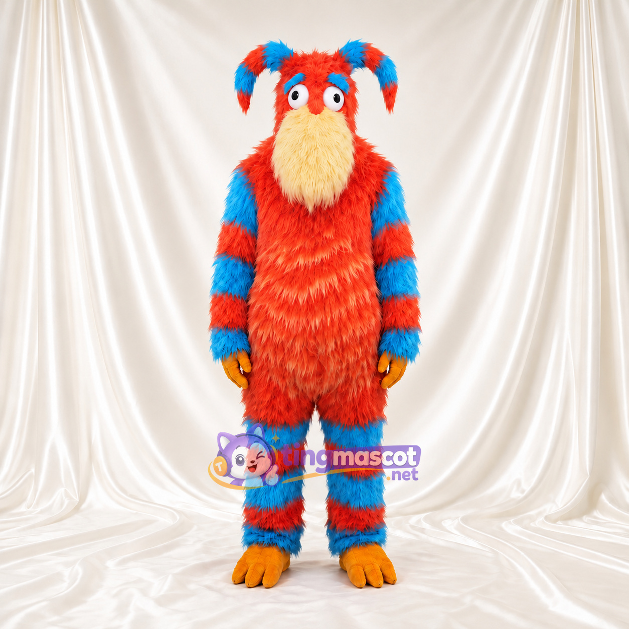 Maskottchenkostüm Monster – rot / blau – Gestreifter Körper; Bart (gelb) Maskottchenkostüm Monster – rot / blau – Gestreifter Körper; Bart (gelb)