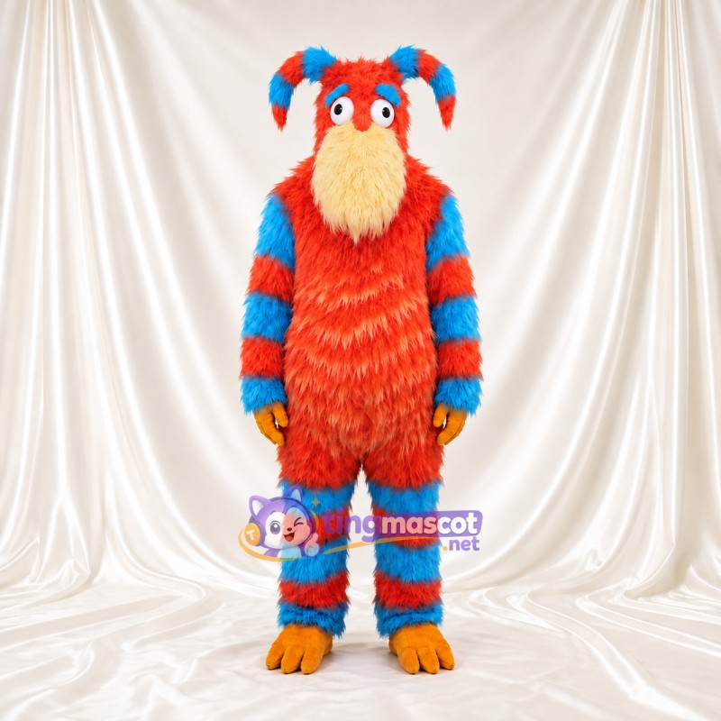 Maskottchenkostüm Monster – rot / blau – Gestreifter Körper; Bart (gelb)