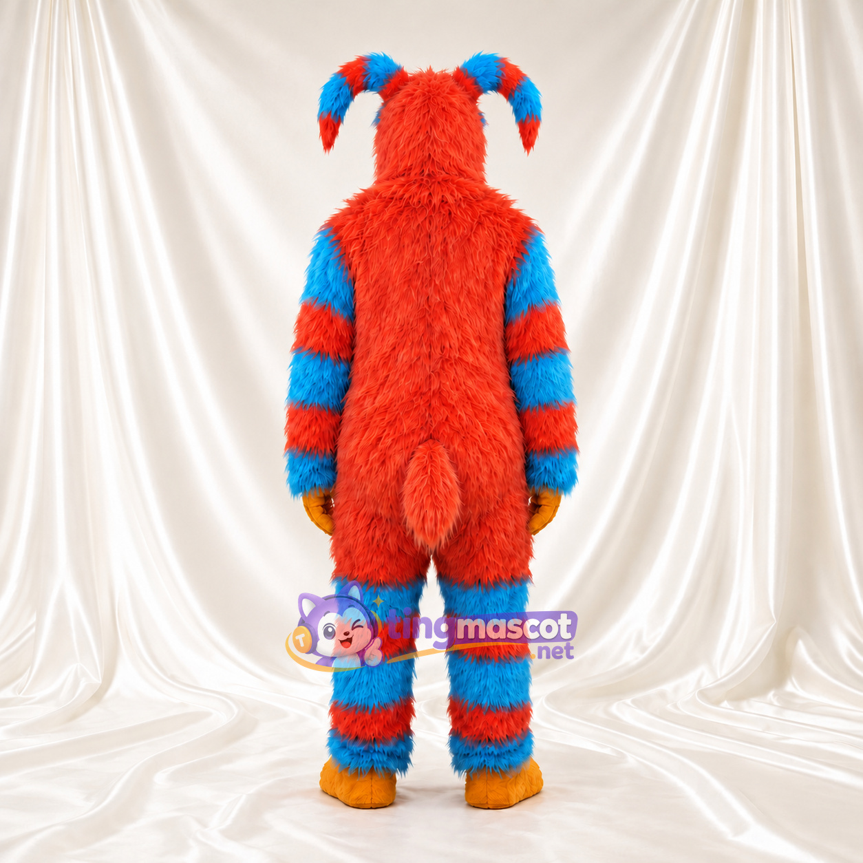 Maskottchenkostüm Monster – rot / blau – Gestreifter Körper; Bart (gelb) Maskottchenkostüm Monster – rot / blau – Gestreifter Körper; Bart (gelb)