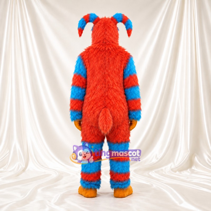 Maskottchenkostüm Monster – rot / blau – Gestreifter Körper; Bart (gelb) Maskottchenkostüm Monster – rot / blau – Gestreifter Körper; Bart (gelb)