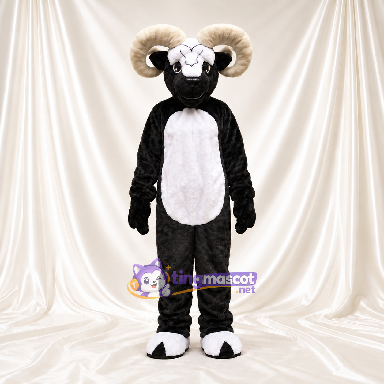 Black and White Ram Mascot Costume - White Belly and Curled Cream Horns Black and White Ram Mascot Costume - White Belly and Curled Cream Horns