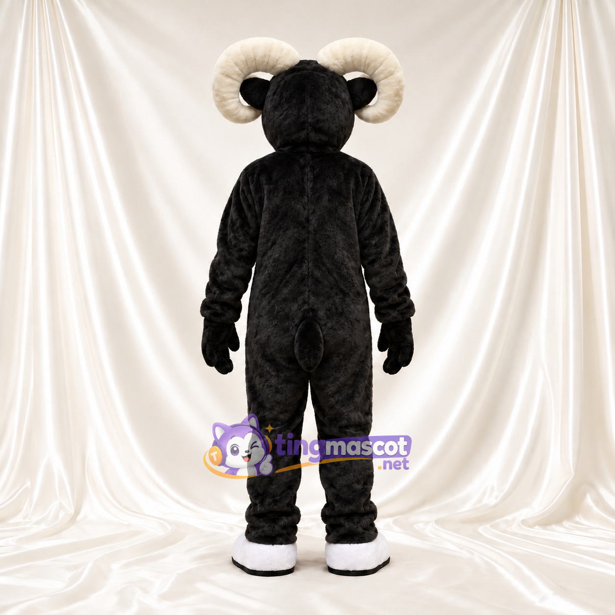 Black and White Ram Mascot Costume - White Belly and Curled Cream Horns Black and White Ram Mascot Costume - White Belly and Curled Cream Horns