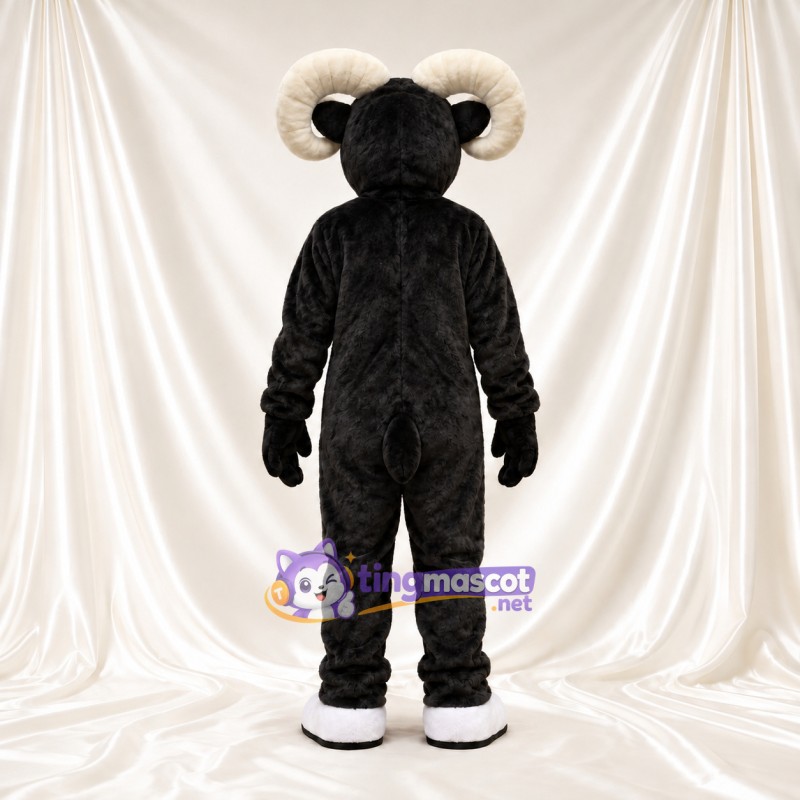 Black and White Ram Mascot Costume - White Belly and Curled Cream Horns Black and White Ram Mascot Costume - White Belly and Curled Cream Horns