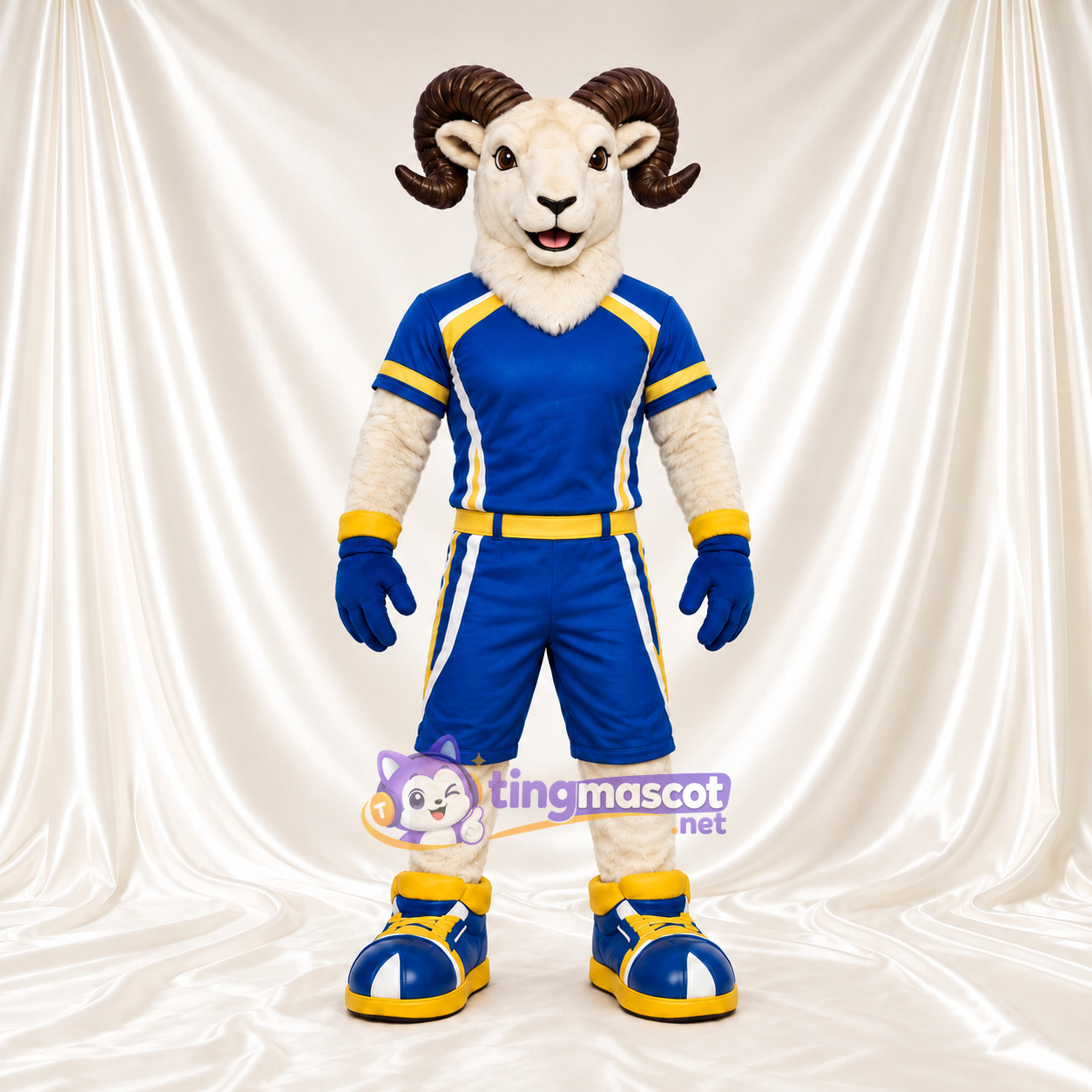 Costume de mascotte Bélier – blanc – Tenue de sport (bleu / jaune) Costume de mascotte Bélier – blanc – Tenue de sport (bleu / jaune)