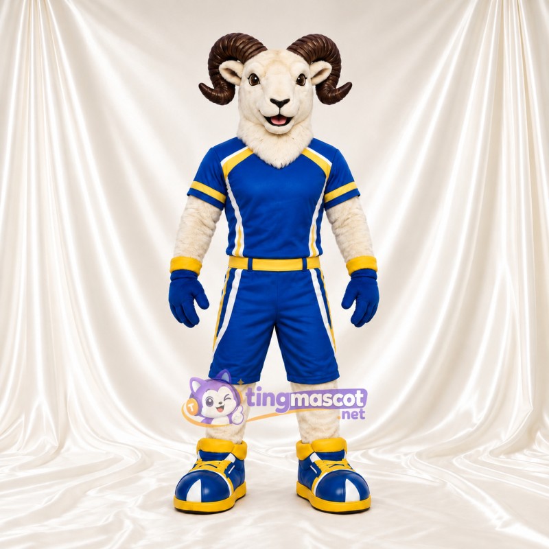 Costume de mascotte Bélier – blanc – Tenue de sport (bleu / jaune) Costume de mascotte Bélier – blanc – Tenue de sport (bleu / jaune)