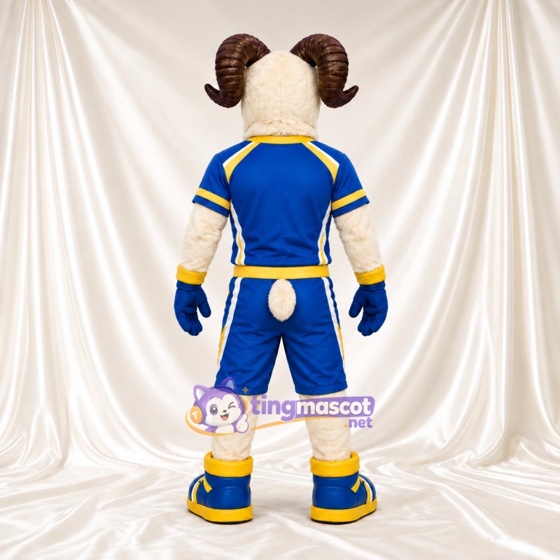 Costume de mascotte Bélier – blanc – Tenue de sport (bleu / jaune) Costume de mascotte Bélier – blanc – Tenue de sport (bleu / jaune)