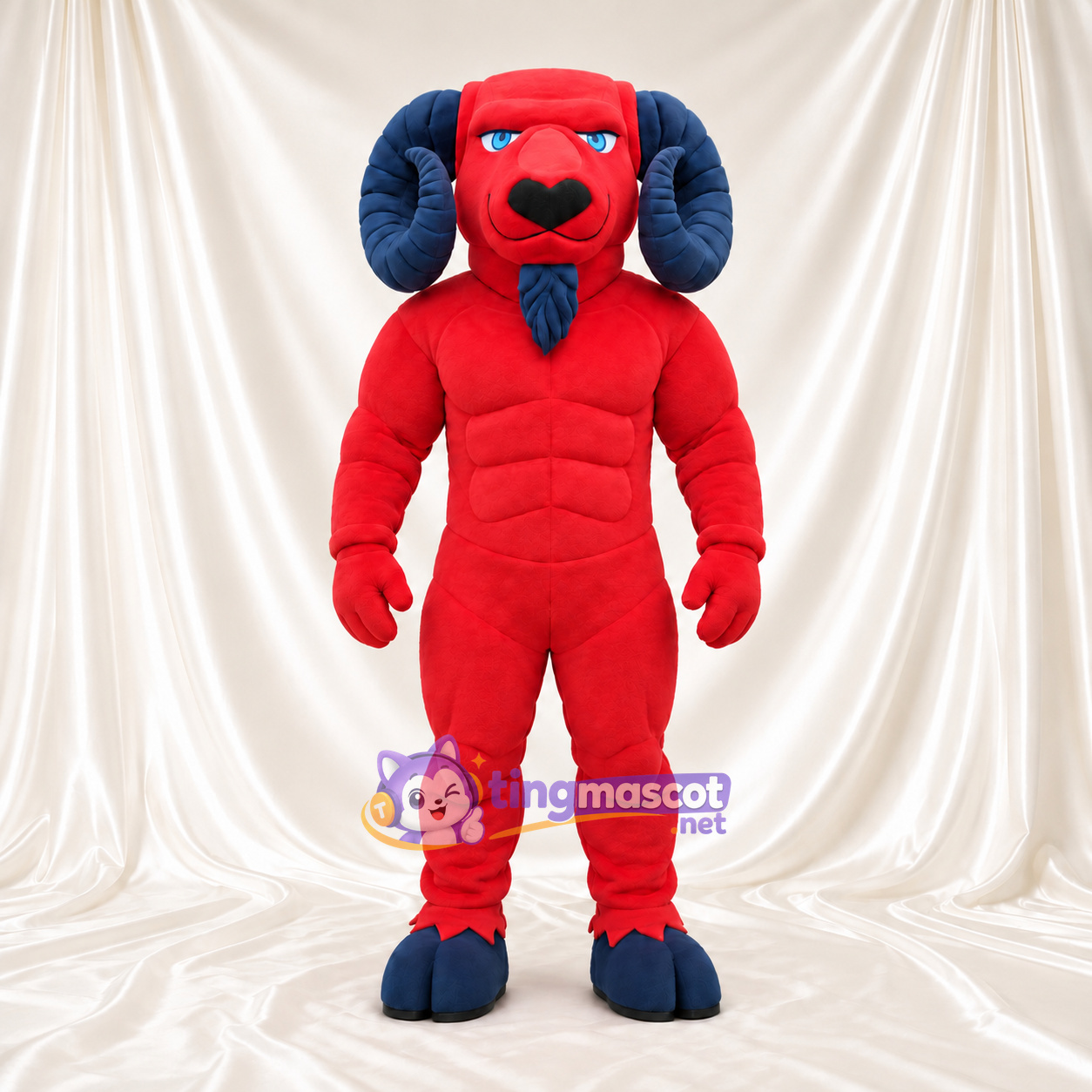 Costume de mascotte Bélier – rouge – Torse musclé; Cornes (bleu marine)