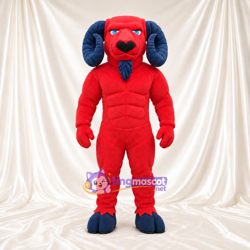 Costume de mascotte Bélier – rouge – Torse musclé; Cornes (bleu marine) Costume de mascotte Bélier – rouge – Torse musclé; Cornes (bleu marine)