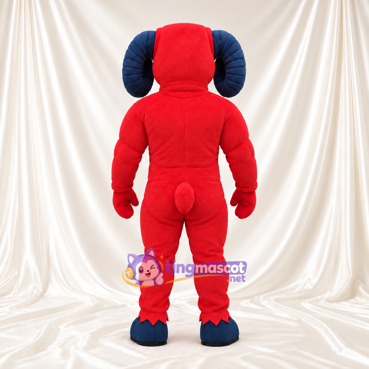Costume de mascotte Bélier – rouge – Torse musclé; Cornes (bleu marine)