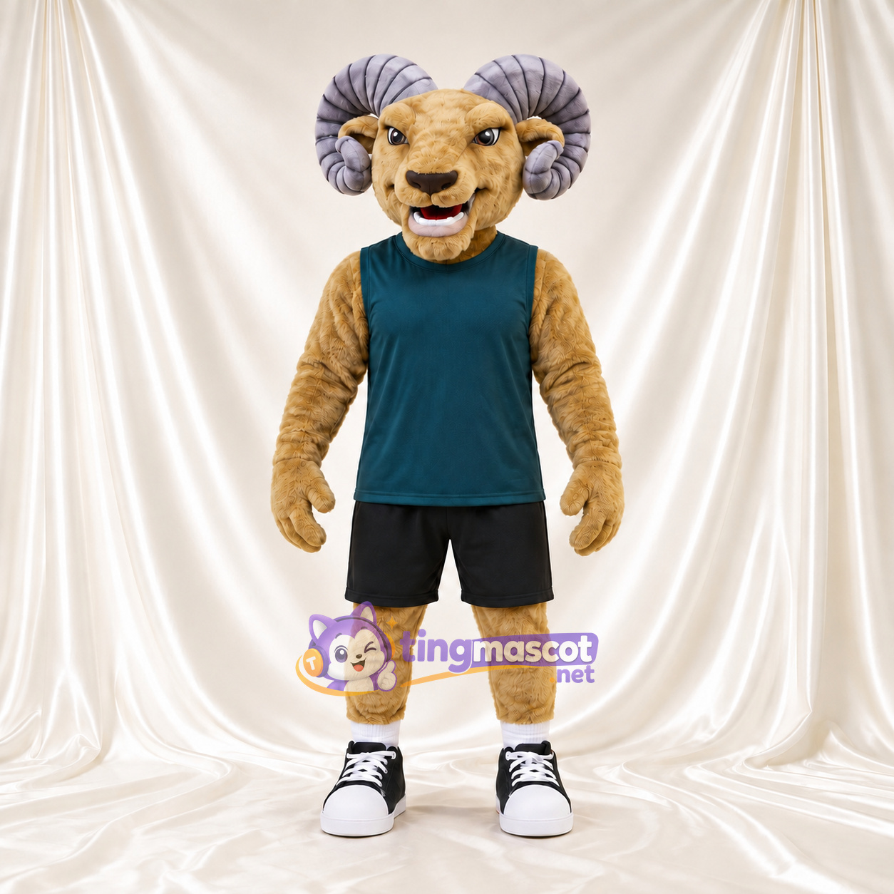 Costume de mascotte Bélier – brun clair – Chemise (bleu canard); Short (noir) Costume de mascotte Bélier – brun clair – Chemise (bleu canard); Short (noir)