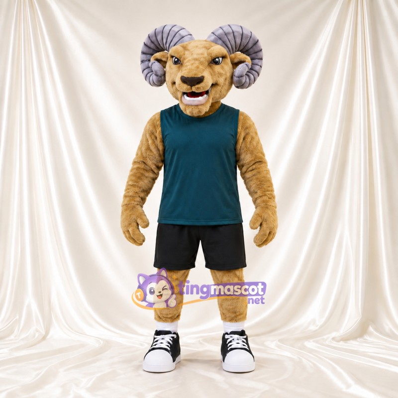 Costume de mascotte Bélier – brun clair – Chemise (bleu canard); Short (noir) Costume de mascotte Bélier – brun clair – Chemise (bleu canard); Short (noir)