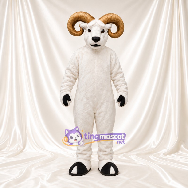 Costume de mascotte Bélier – blanc – Cornes (brun clair); Gants (noir) Costume de mascotte Bélier – blanc – Cornes (brun clair); Gants (noir)
