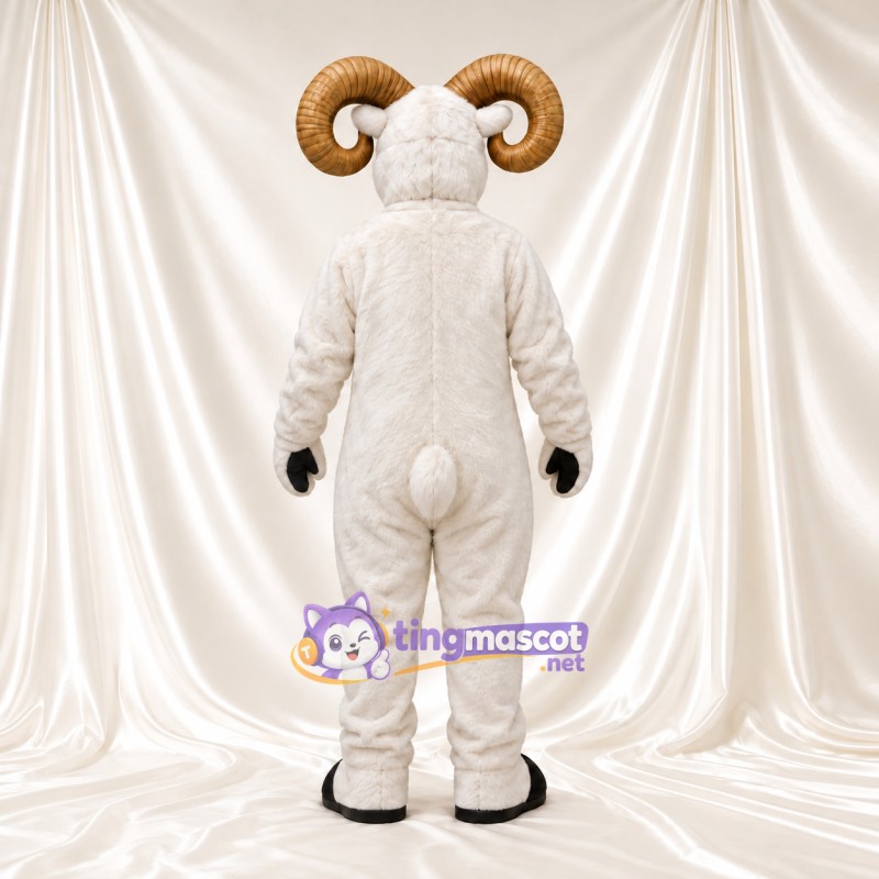 Costume de mascotte Bélier – blanc – Cornes (brun clair); Gants (noir) Costume de mascotte Bélier – blanc – Cornes (brun clair); Gants (noir)