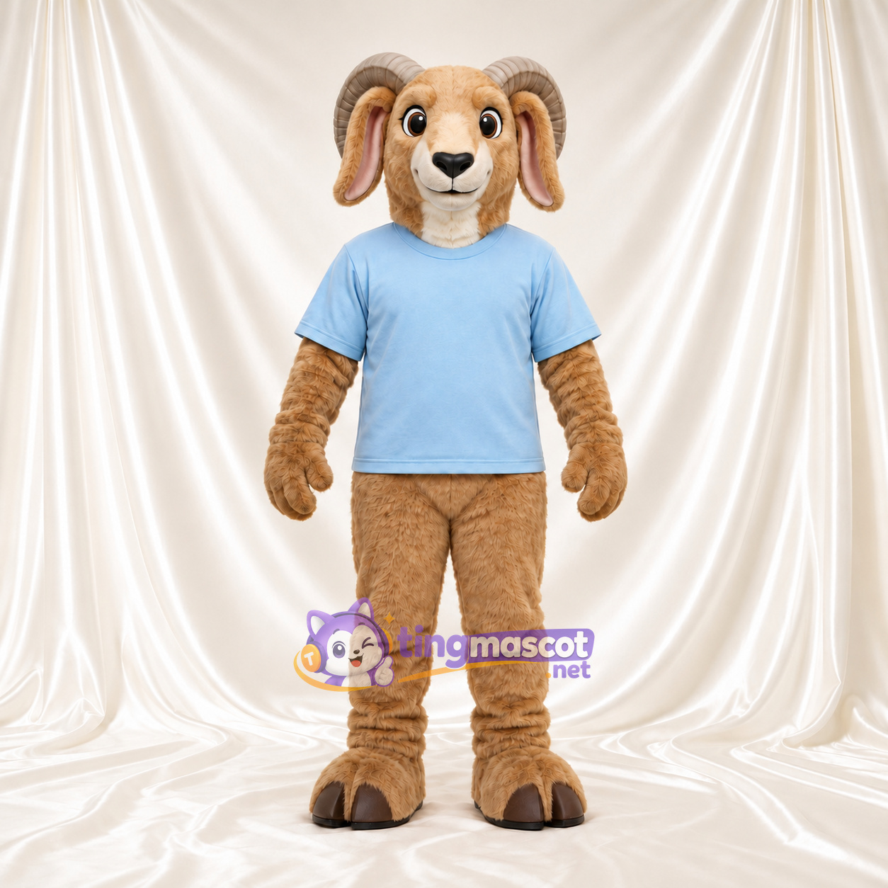 Costume de mascotte Bélier – brun clair – Chemise (bleu clair) Costume de mascotte Bélier – brun clair – Chemise (bleu clair)
