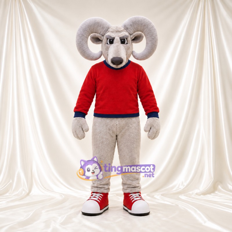 Costume de mascotte Bélier – gris – Pull (rouge); Pantalon (beige) Costume de mascotte Bélier – gris – Pull (rouge); Pantalon (beige)